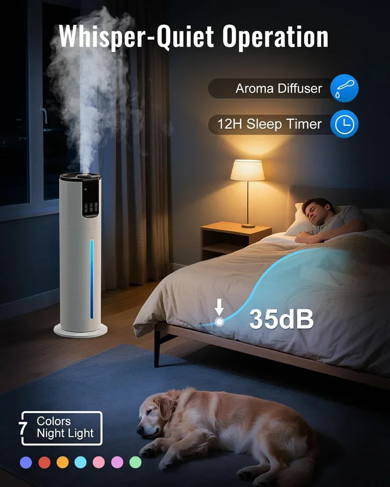 Ultra-Quiet Floor Ultrasonic Humidifier – Top-Fill Smart Air Moisturizer for Baby/Nursery, 8L Large Capacity, Auto Shut-Off