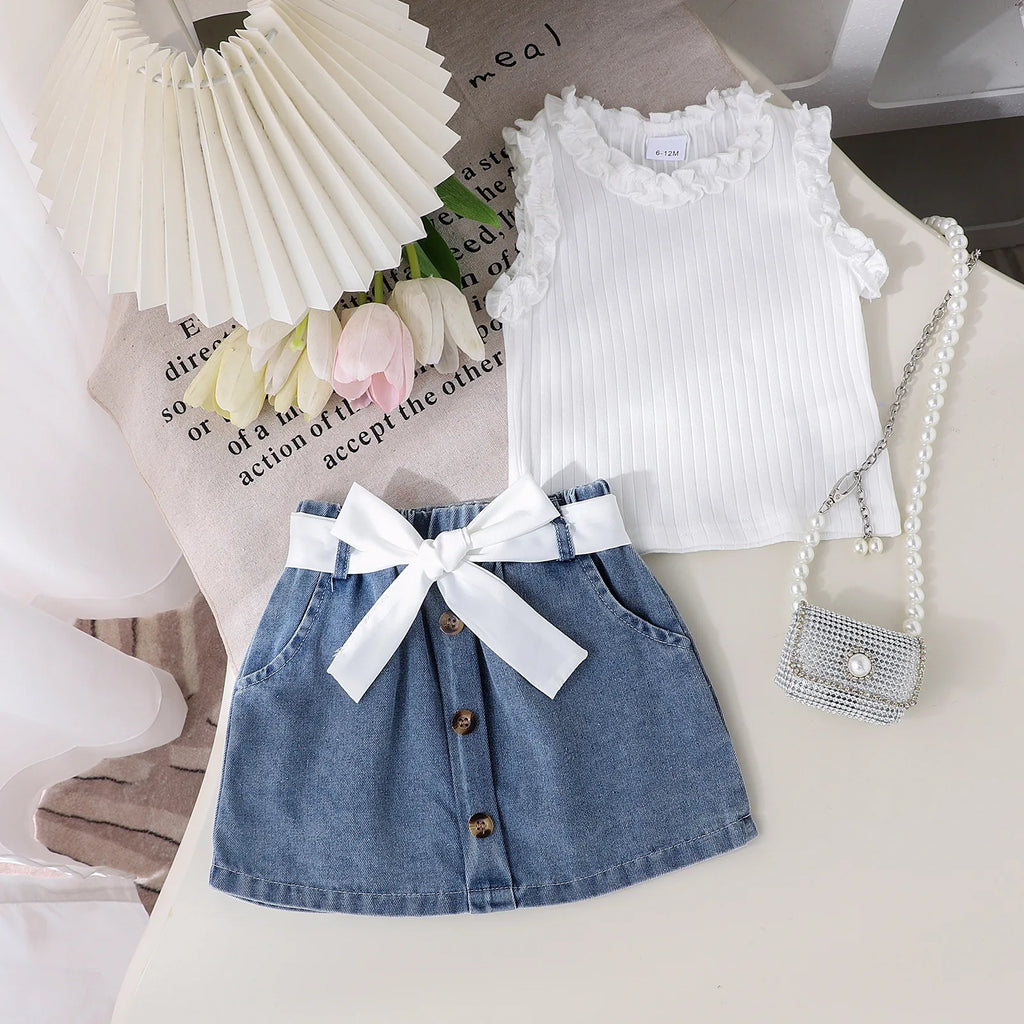 2026 Summer Korea Style Children's Clothing Sets Girls Casual Tops +Skirt Two Piece Kids Fashion Outfits Holiday Baby Clothing